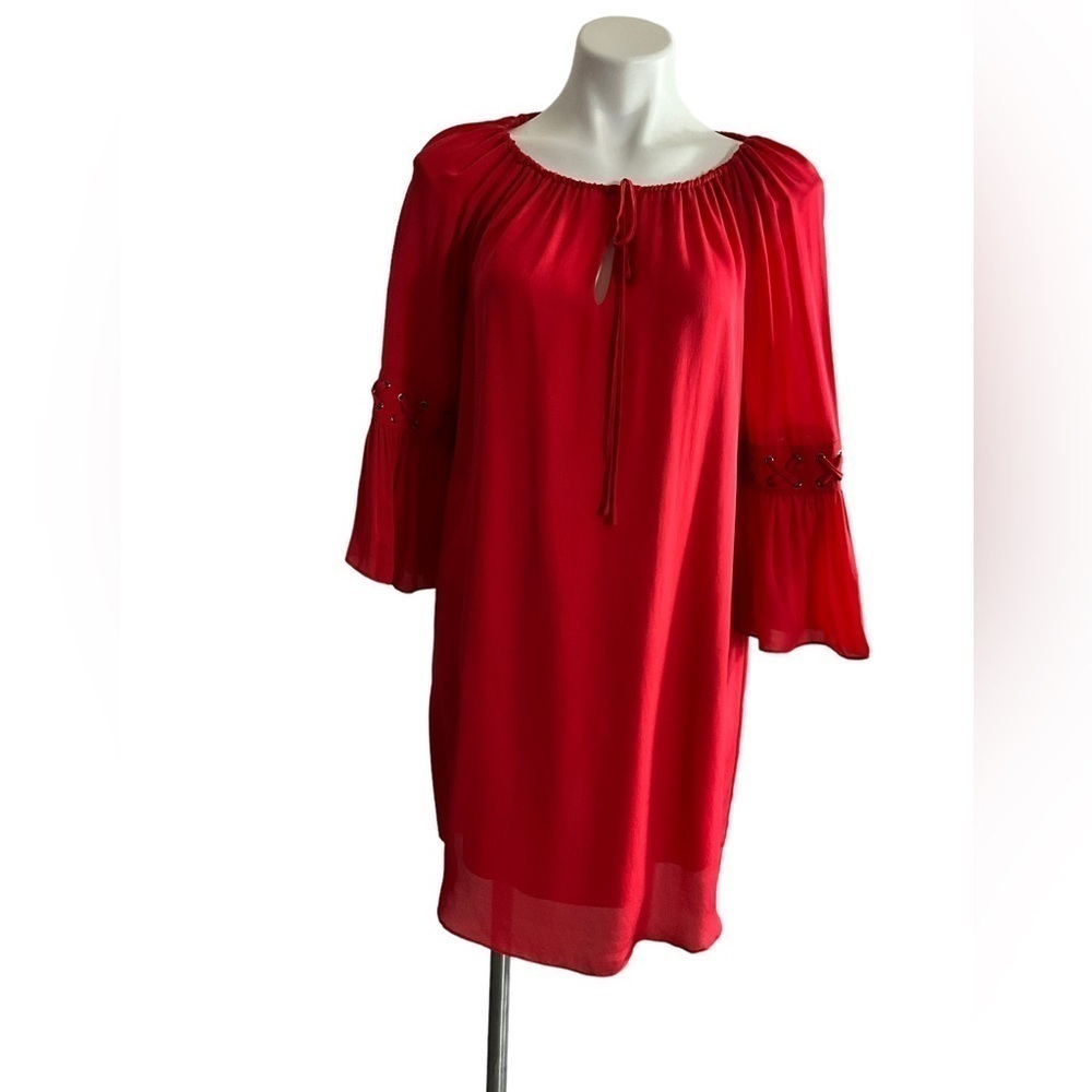 The Kooples Red Silk Drawstring Neck Keyhole Dress Originally $470.00